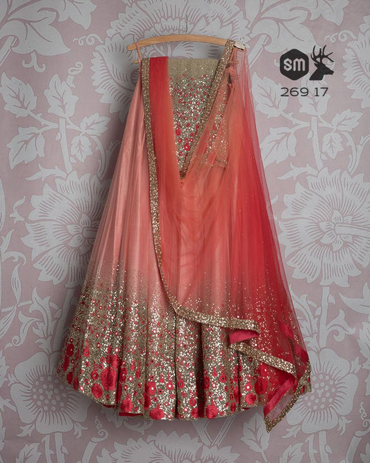 Peach Gold Bridal Handwork Net Silk Lehenga Choli  INS2290 - Siya Fashions
