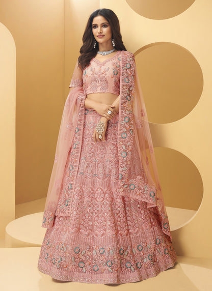Peach Pink Bridal Designer Lehenga Set In Net SFZ92208 - Siya Fashions