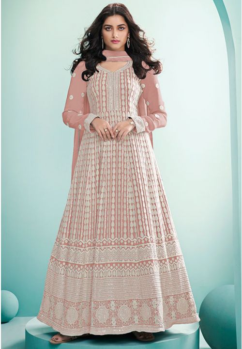 Pink Anarkali Gown In Grorgette Heavy Lucknowi Work EXYS61501B - Siya Fashions
