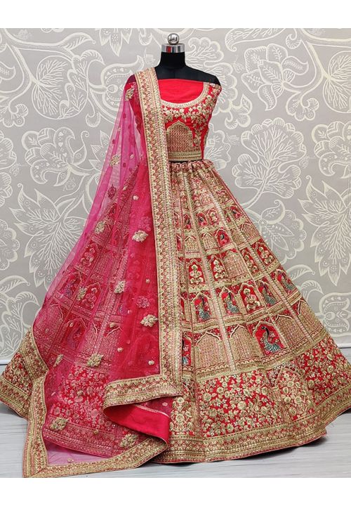 Pink Bridal Lehenga Set In Silk With Diamond Work SFANJ1215 - Siya Fashions