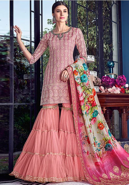 Pink Heavy Palazzo Sharara Suit Chanderi Silk SFSWG5304 - Siya Fashions
