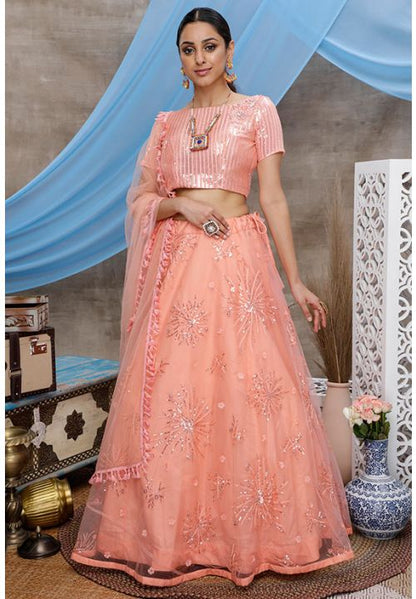 Pink Net Sangeet Lehenga Choli In Net SFKHU7903 - Siya Fashions