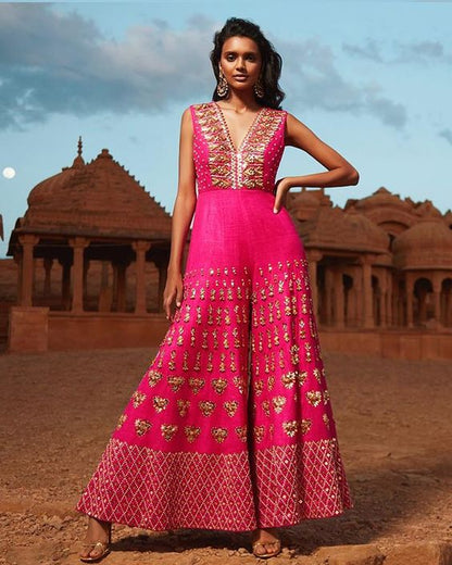 Pink Silk Jumpsuit Stylish Sequin Work SFYD92SINS - Siya Fashions