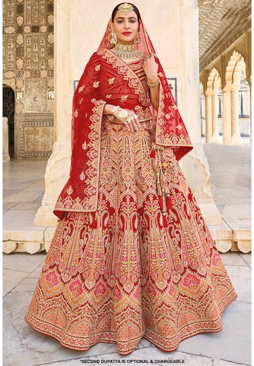 Pure Red Bridal Wedding Lehenga Choli Set In Silk SFSJDN12804 - Siya Fashions