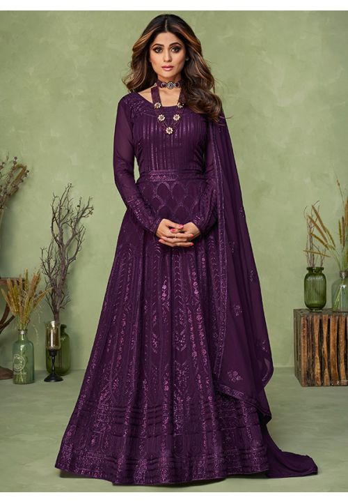 Purple Bollywood Shamita Evening Wedding Gown In Georgette SFSA330704 - Siya Fashions