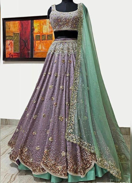 Purple Green Wedding Lehenga Sof Crepe Fabric With Pearl SINS0998 - Siya Fashions
