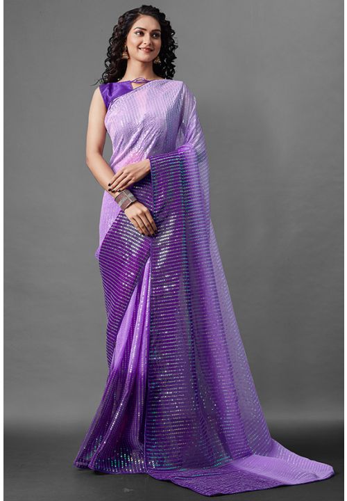 Purple Sequin Evening Designer Saree In Georgette SFPRF54001 - Siya Fashions