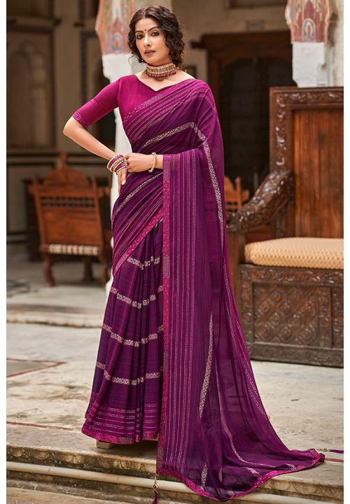 Purple Zari Work Evening Designer Saree In Georgette SFROY362405 - Siya Fashions