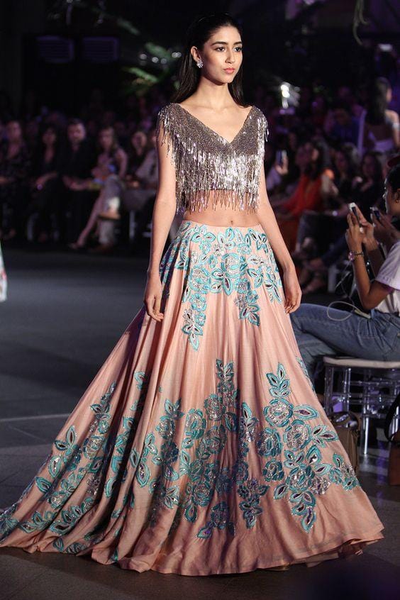 Quotidian Cocktail Bridal Lehenga In Peach With Floral Work SF89IN - Siya Fashions