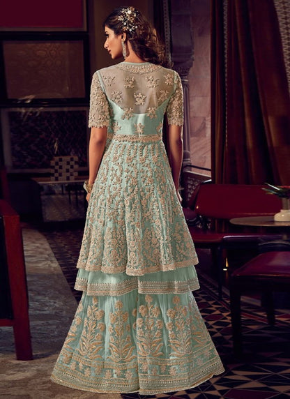 Aqua Blue Wedding Reception Net Sharara Palazzo Suit FZSF90666 - Siya Fashions