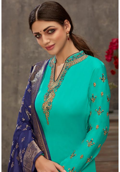 Blue Turquoise Indian Wedding Palazzo Suit SFROY368011 - Siya Fashions