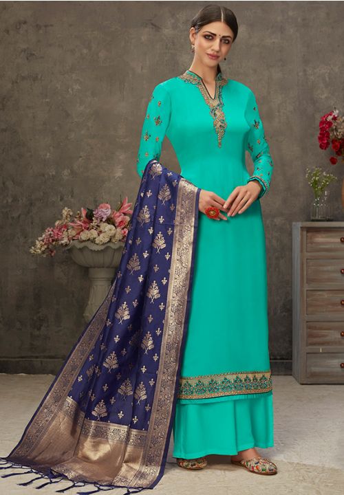 Blue Turquoise Indian Wedding Palazzo Suit SFROY368011 - Siya Fashions