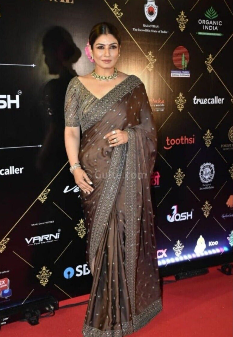 Brown Raveena Bollywood Partywear Evening Sequin Saree In Silk BOLYS424 - Siya Fashions