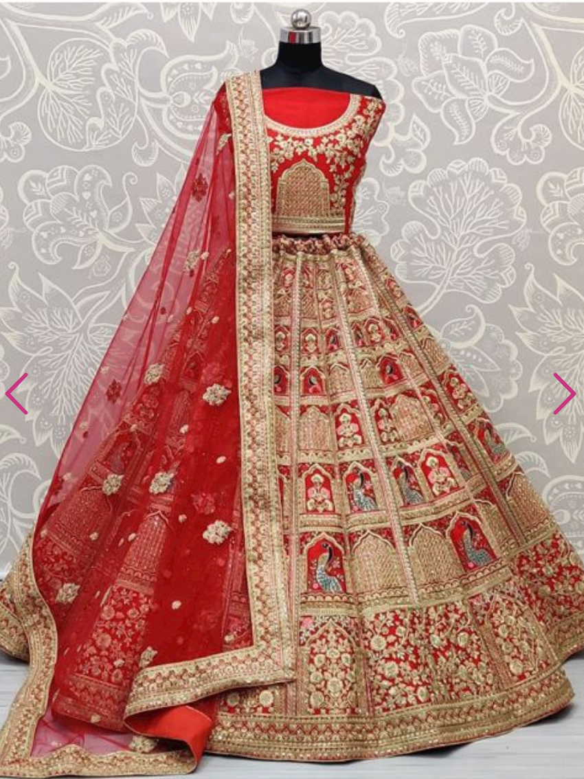 Red Bridal Lehenga Set In Silk With Diamond Work SFANJ1214 - Siya Fashions