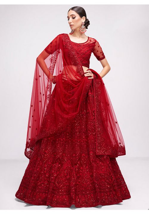 Red Bridal Wedding Lehenga Choli Set In Net SFSA355804 - Siya Fashions