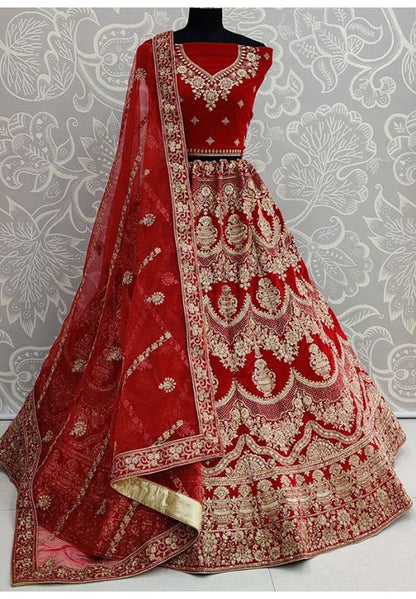 Red Indian Bridal Wedding Lehenga  In Velvet SFANJ1013 - Siya Fashions
