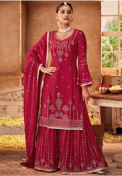Red Indian Pakistani Palazzo Suit In Chinon Chiffon SFSTL17802 - Siya Fashions