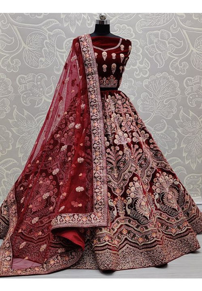Red Maroon Velvet Indian Bridal Lehenga Zircon Stone Work SFANJ1351 - Siya Fashions