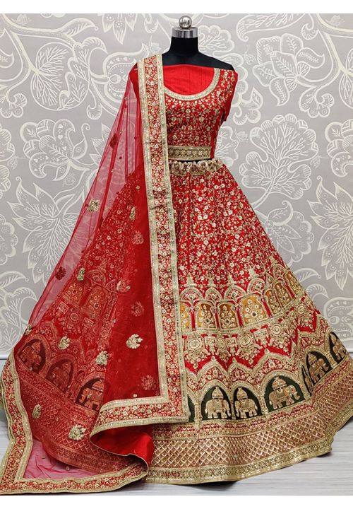 Red Multi Design Hand Embroidered Silk Bridal Lehenga Choli SFANJ1175 - Siya Fashions