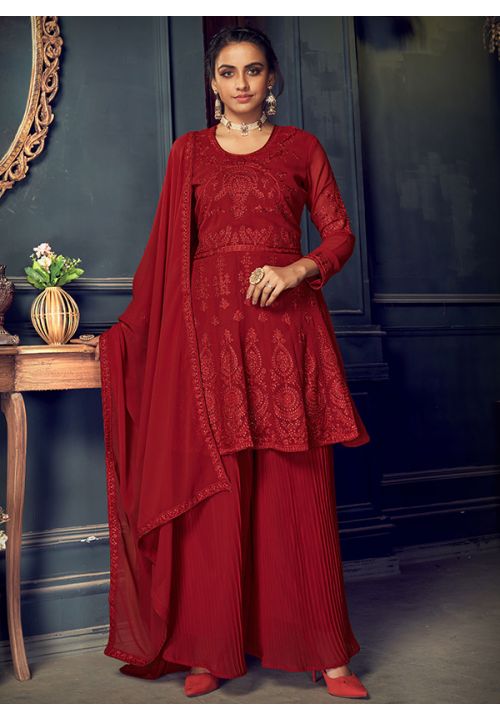 Red Peplum Evening Palazzo Suit In Georgette SFANB60401 - Siya Fashions