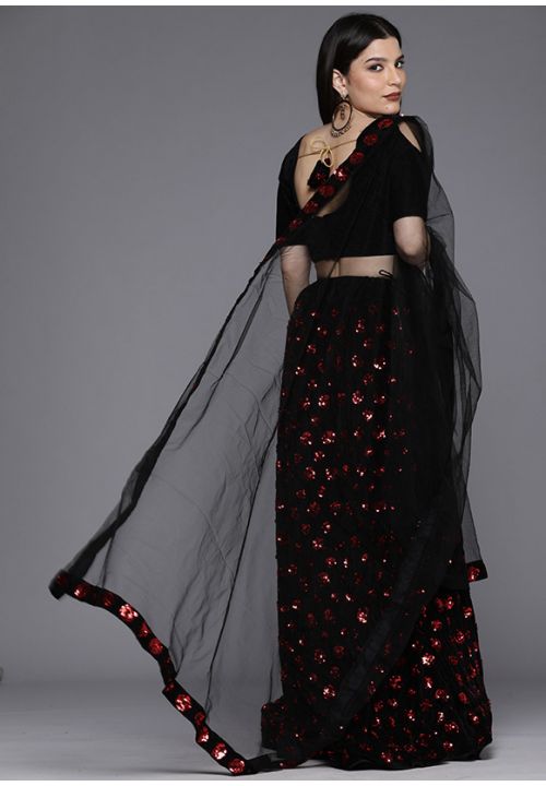 Red Sequin Black Velvet Indian Wedding Party Lehenga Choli SFSHV9301 - Siya Fashions