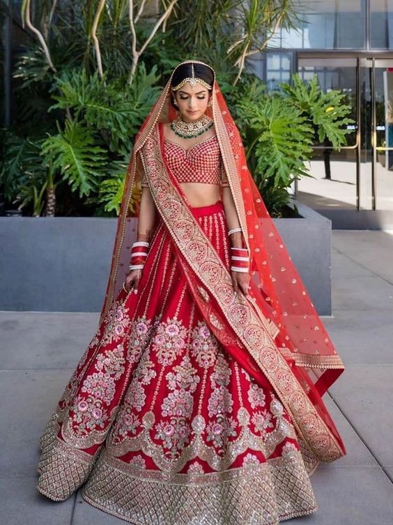 Red Silk Double Veil Bridal Lehenga Choli BRIDAL4311 - Siya Fashions