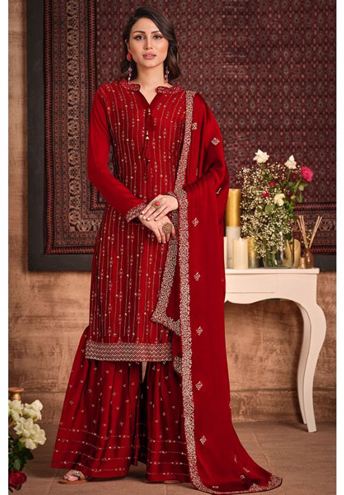 Red Wedding Sangeet Palazzo Sharara Suit Silk Georgette SFYS65805 - Siya Fashions
