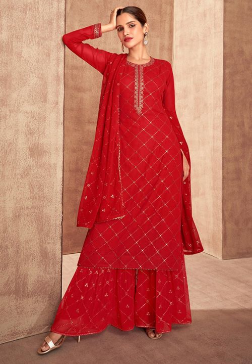 Red Wedding Sharara Palazzo Suit Real Georgette SFYS71601 - Siya Fashions