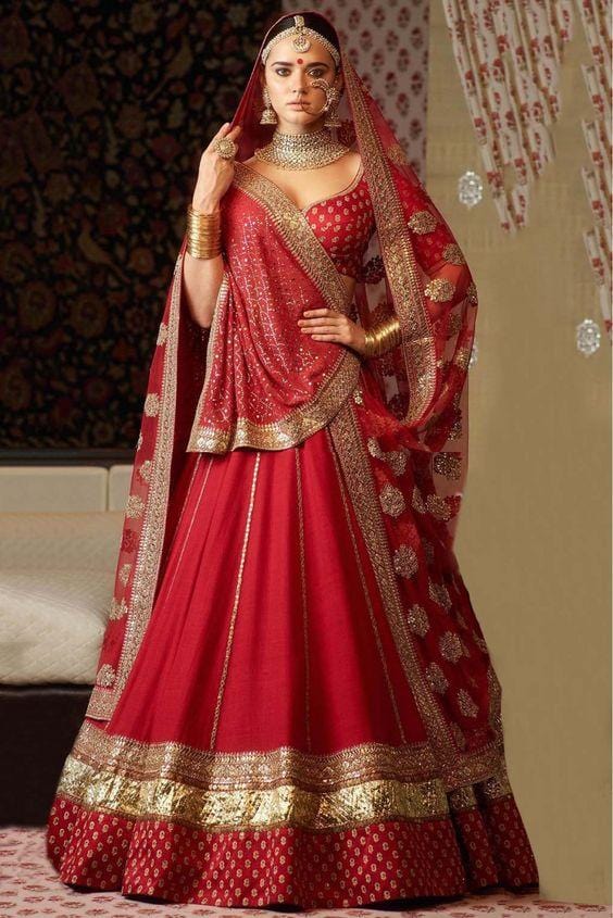 Red Bridal Silk Lehenga Circle Zari Work SFIN3321 - Siya Fashions