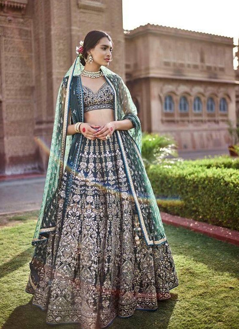 Royal Green Bridal Exclusive Silk Lehenga Choli Zardozi Work SFIN090 - Siya Fashions