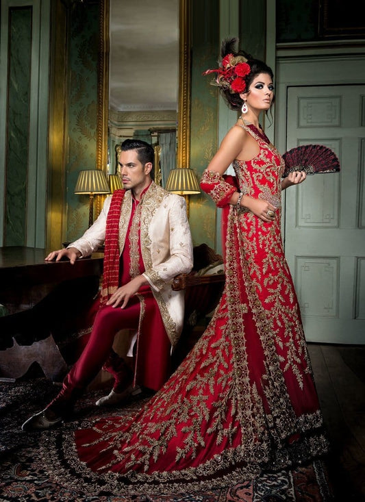 Royal Vintage Maroon Red Satin Bridal Trail Lehenga - Siya Fashions
