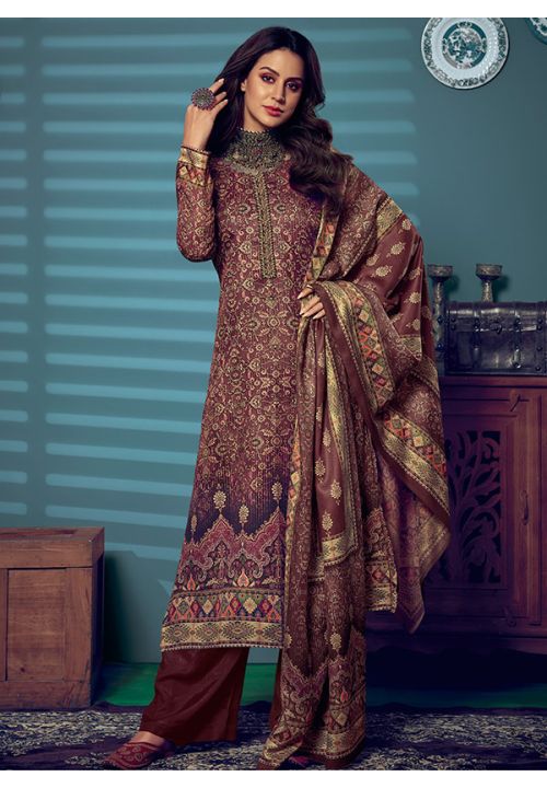 Brown Pashmina Silk Indian Sangeet Palazzo Suit SFSTL23403 - Siya Fashions