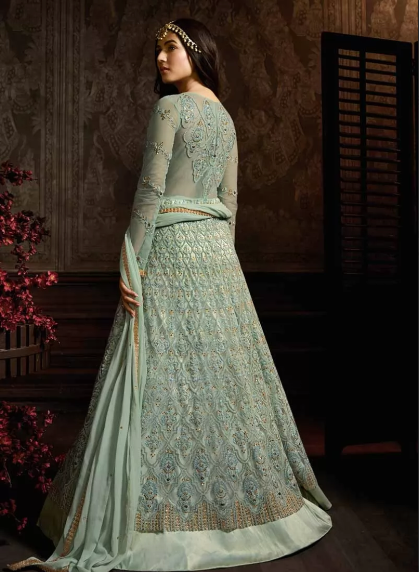 Aqua Blue Long Anarkali Wedding Reception Gown SFFZ63509 - Siya Fashions