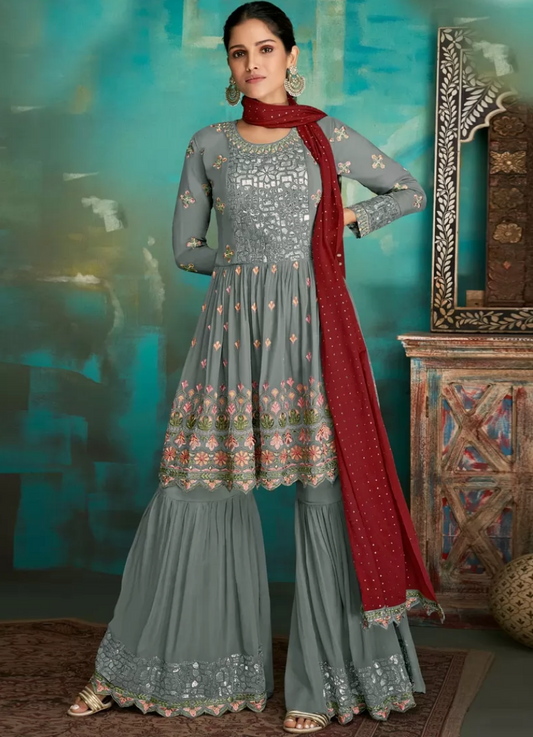 Grey Pakistani Indian Palazzo Sarara Suit In Georgette FZ110994 - Siya Fashions