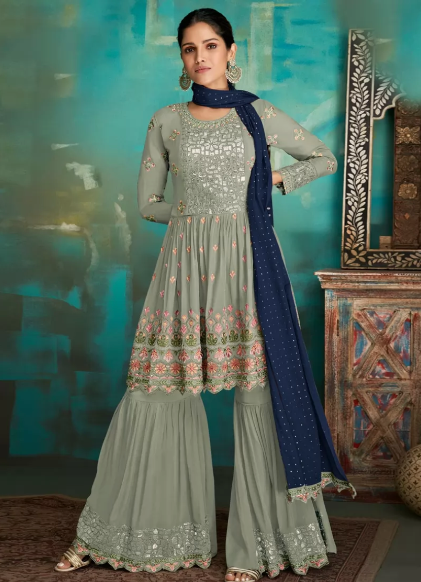 Silver Blue Pakistani Indian Palazzo Sarara Suit In Georgette FZ110992 - Siya Fashions
