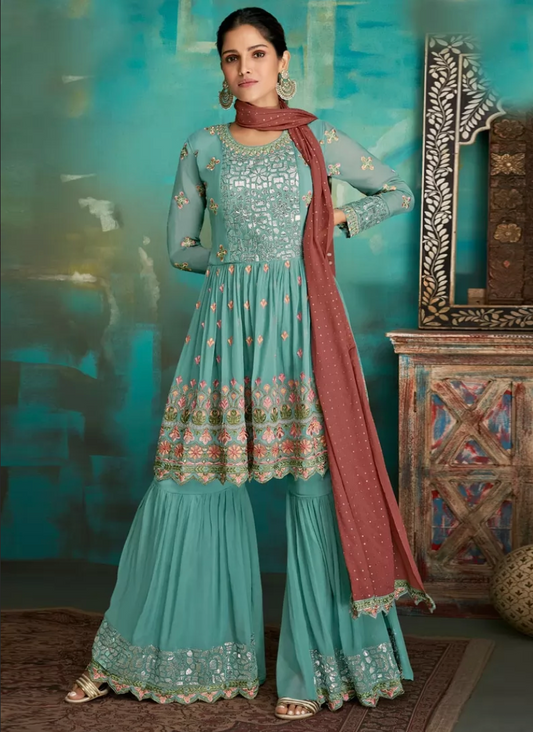 Turquoise Blue Pakistani Indian Palazzo Sarara Suit In Georgette FZ110991 - Siya Fashions