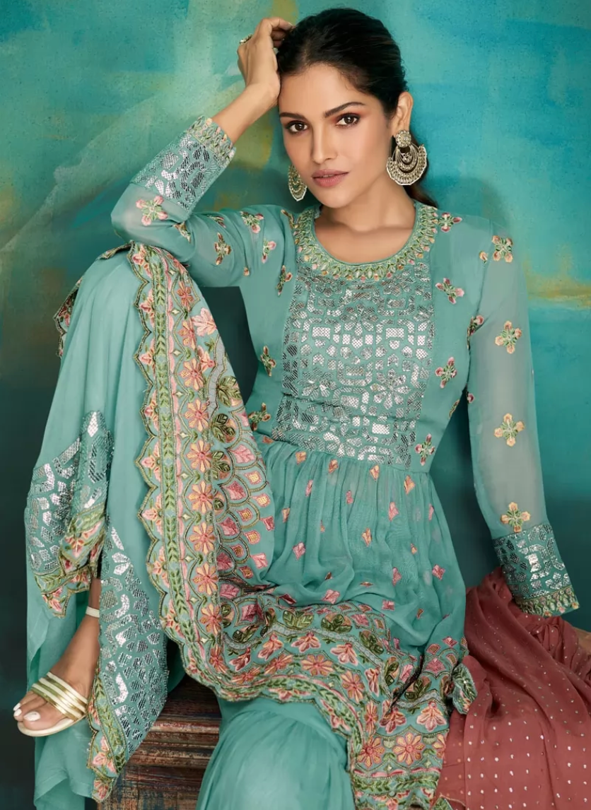 Turquoise Blue Pakistani Indian Palazzo Sarara Suit In Georgette FZ110991 - Siya Fashions