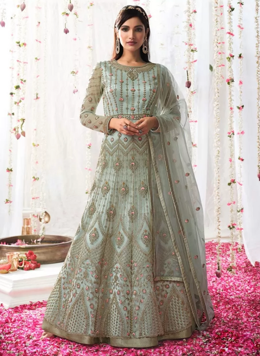 Green Designer Indian Bridal Anarkali Long Gown In Net SFFZ112523 - Siya Fashions