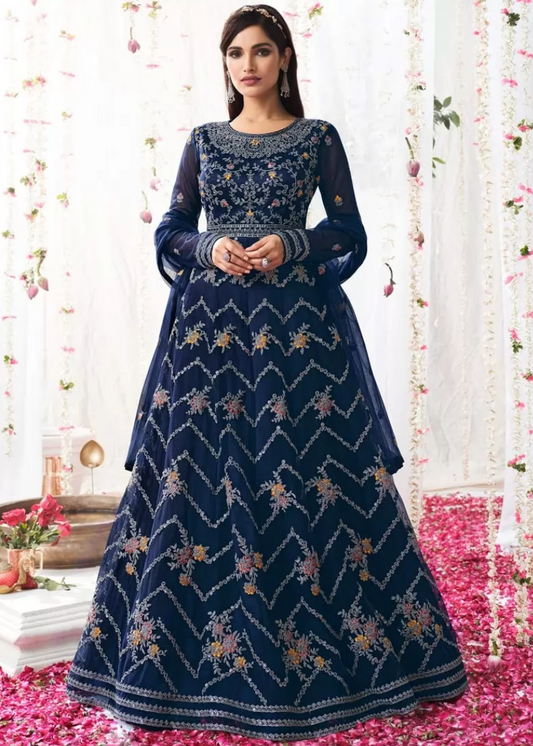 Navy Designer Indian Bridal Anarkali Long Gown In Net SFFZ112524 - Siya Fashions