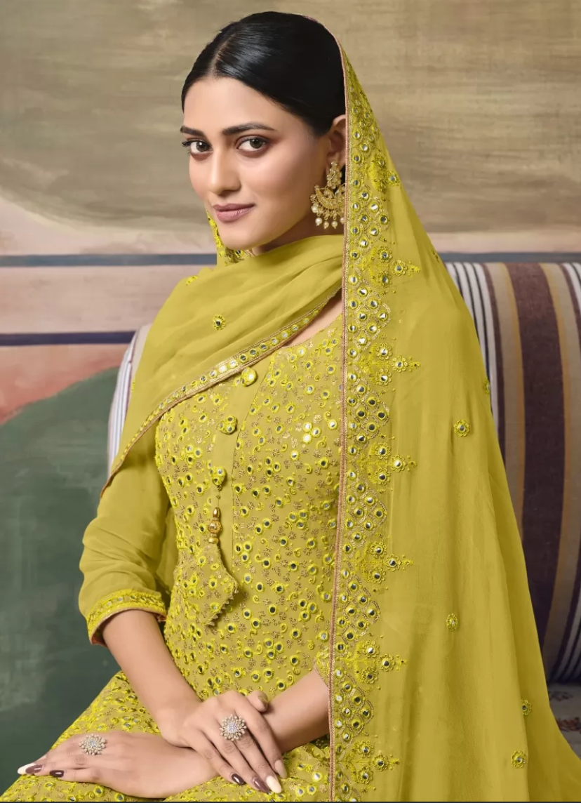 Yellow Haldi Indian Wedding Georgette Palazzo Sharara Suit SFFZ119945 - Siya Fashions