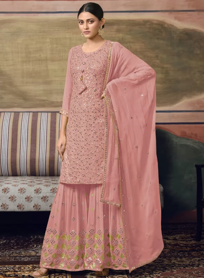 Peach Indian Wedding Georgette Palazzo Sharara Suit SFFZ119946 - Siya Fashions