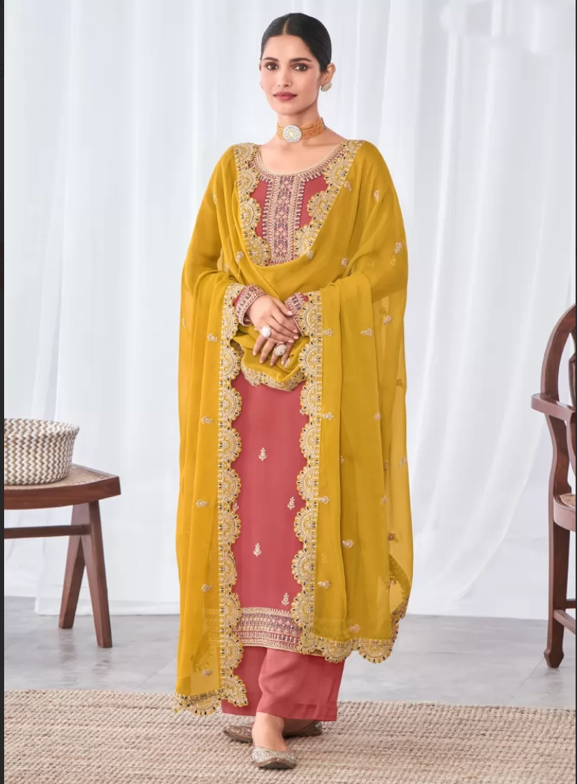 Yellow Peach Georgette Indian Evening Party Palazzo Suit SFZ119259 - Siya Fashions