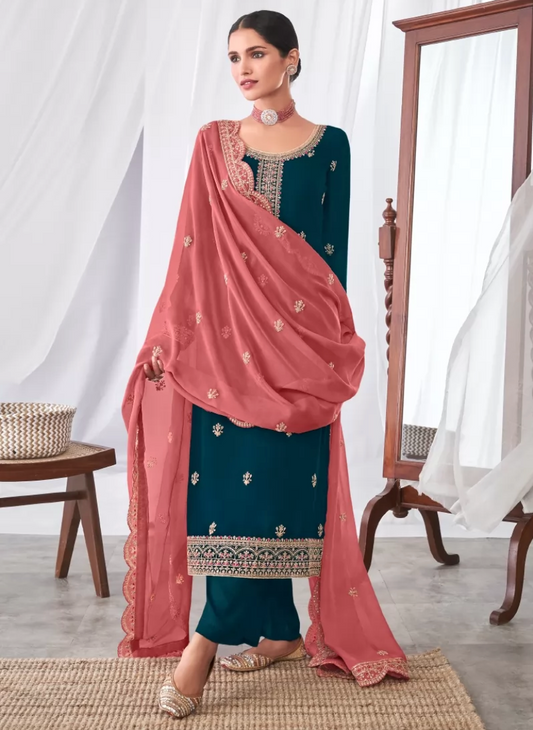 Teal Peach Georgette Indian Evening Party Palazzo Suit SFZ119260 - Siya Fashions
