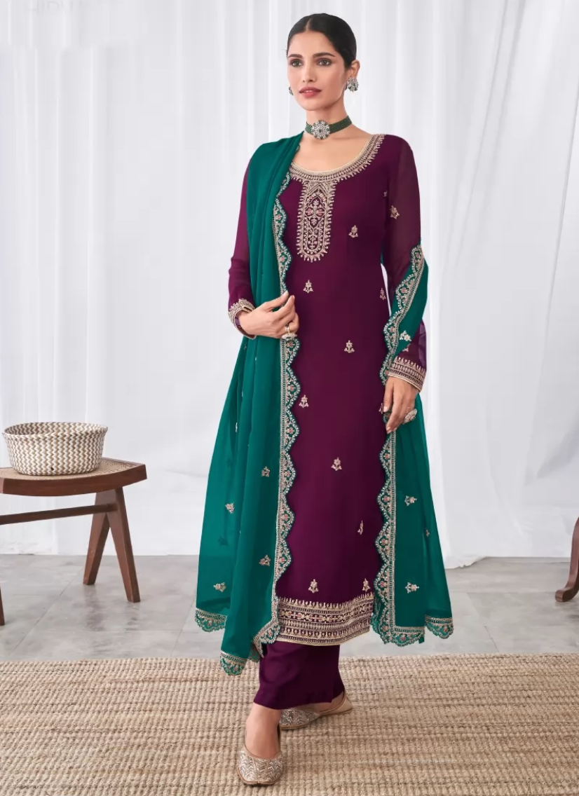 Wine Georgette Indian Evening Party Palazzo Suit SFZ119263 - Siya Fashions