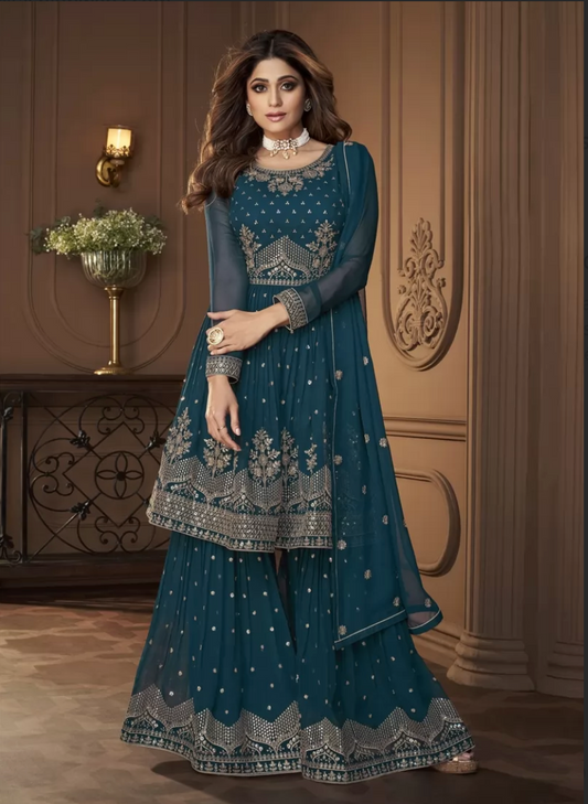 Teal Blue Bridesmaid  Indian Evening Party Palazzo Salwar SFZ118483 - Siya Fashions