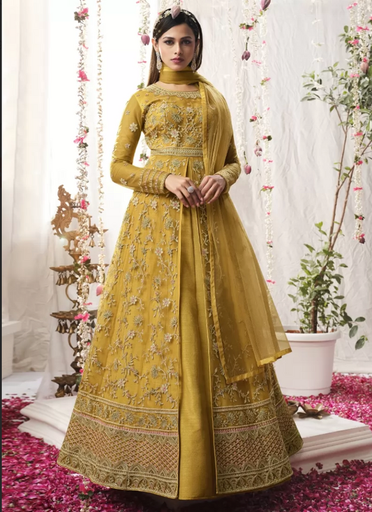 Yellow Bridal Wedding Georgette Long Anarkali Gown In Net SFZ119939 - Siya Fashions