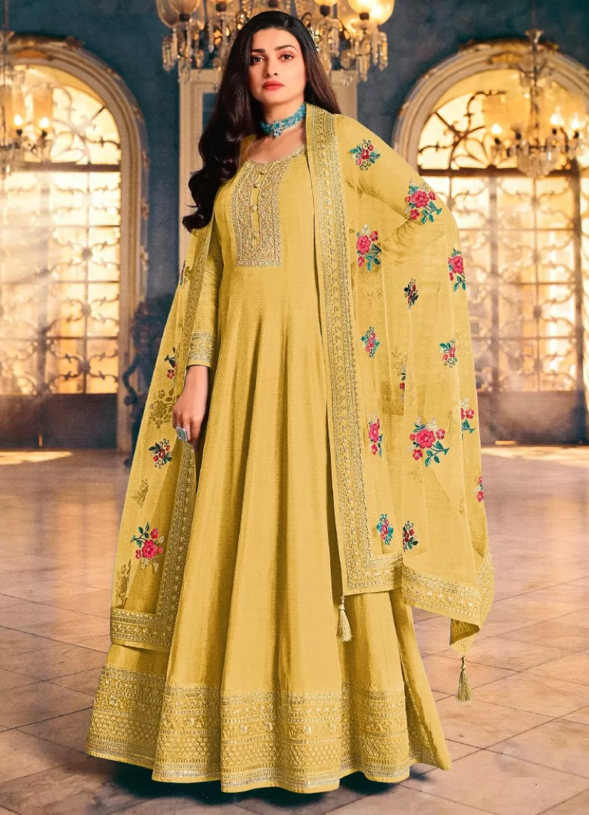 Yellow Haldi Bridesmaid Wedding Long Anarkali Gown In Silk SFZ119932 - Siya Fashions