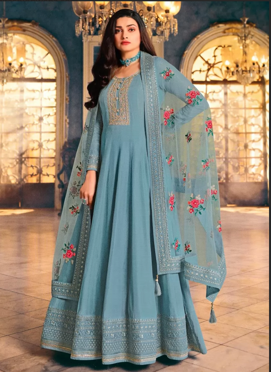 Blue Bridesmaid Wedding Long Anarkali Gown In Silk SFZ119931 - Siya Fashions