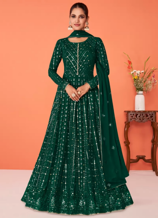 Green Sangeet Bridesmaid Wedding Long Anarkali Gown In Georgette SFZ119573 - Siya Fashions