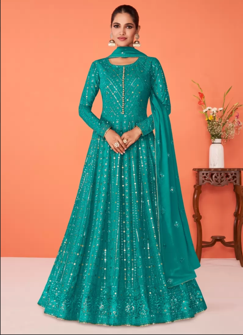 Turquoise Sangeet Bridesmaid Wedding Long Anarkali Gown In Georgette SFZ119575 - Siya Fashions